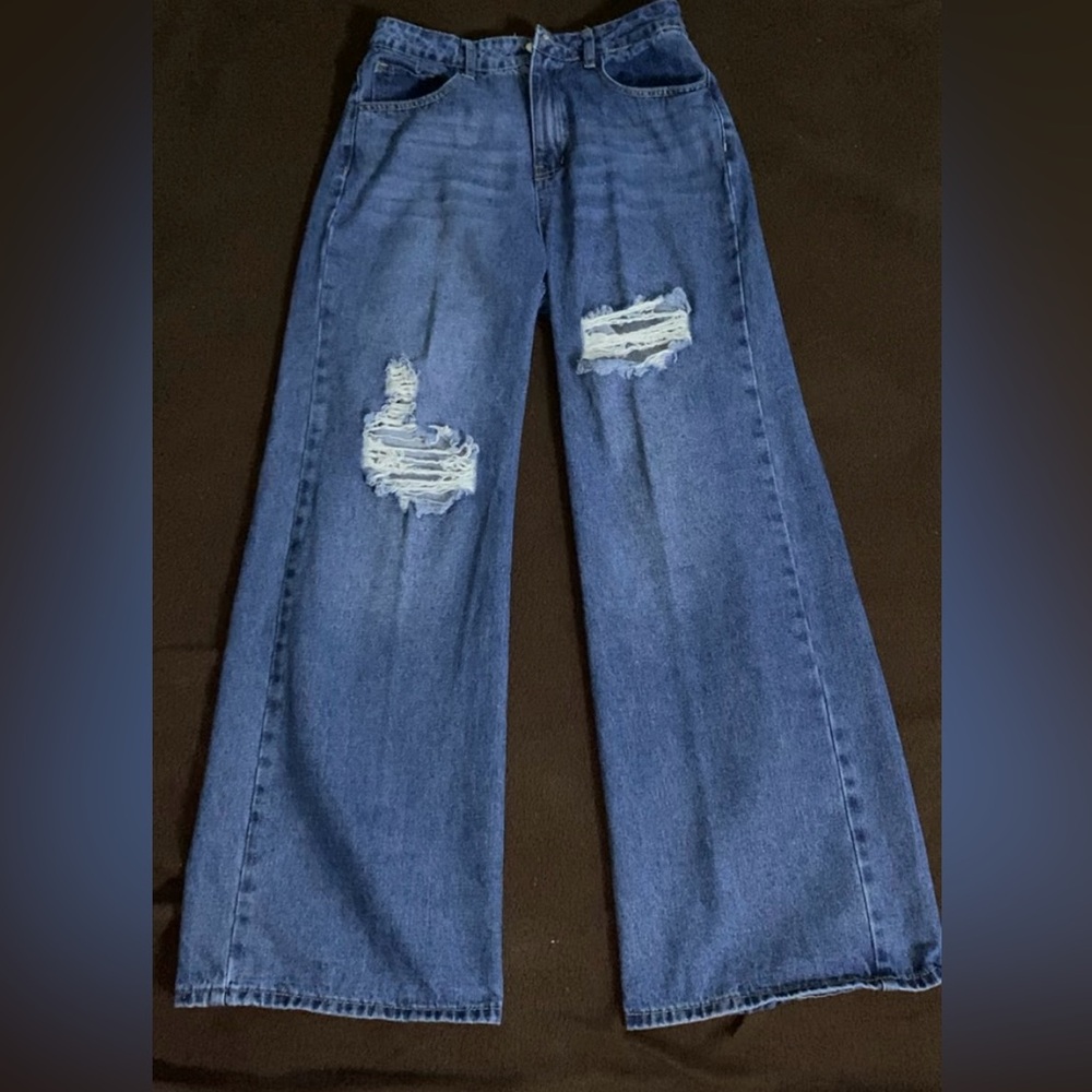 Ripped Denim Straight Leg Jeans